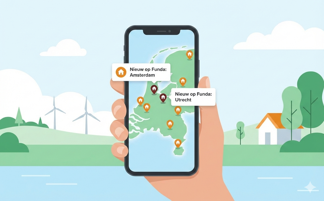 Huisradar app showing house notifications on a map of the Netherlands